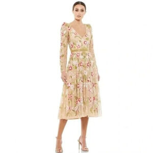 Mac Duggal LONG SLEEVE FLORAL BEADED MIDI DRESS 16 NEW